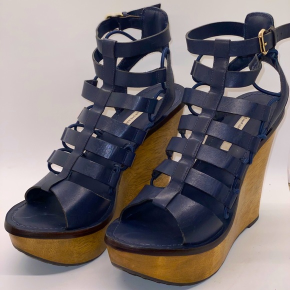 Diane Von Furstenberg Shoes - Diane von Furstenberg Navy Leather Wedge Sandals